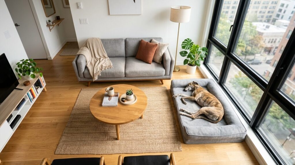 A Greyhound sleeping peacefully on a dog bed as a surprising best dog breed for small apartments