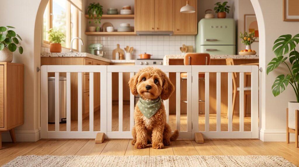 A Cavapoo puppy behind a stylish pet gate as part of a strategy to dog proof rental apartment