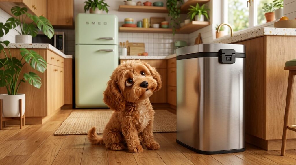 A dog-proof stainless steel trash can is essential to dog proof rental apartment