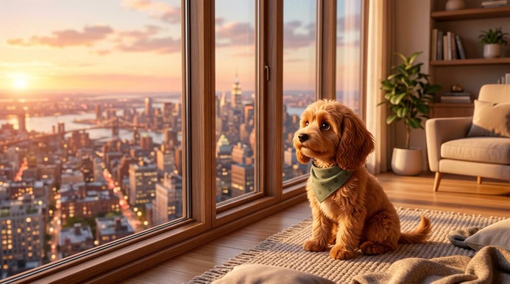 A Cavapoo puppy looking out an apartment window, representing the ultimate first time dog owner apartment guide。