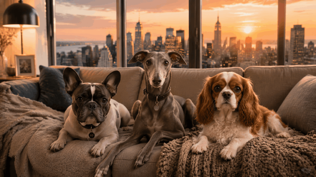 A group of the best apartment dogs including a French Bulldog, Greyhound, and Cavalier King Charles Spaniel sitting on a sofa in a high-rise city apartment.