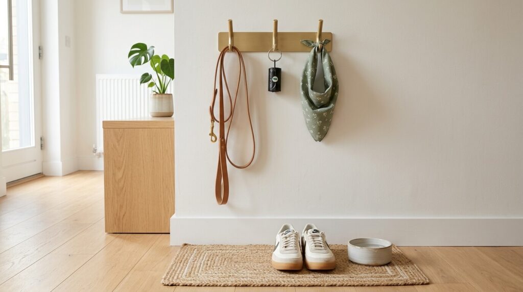An organized dog walking station by the apartment door for first time dog owners
