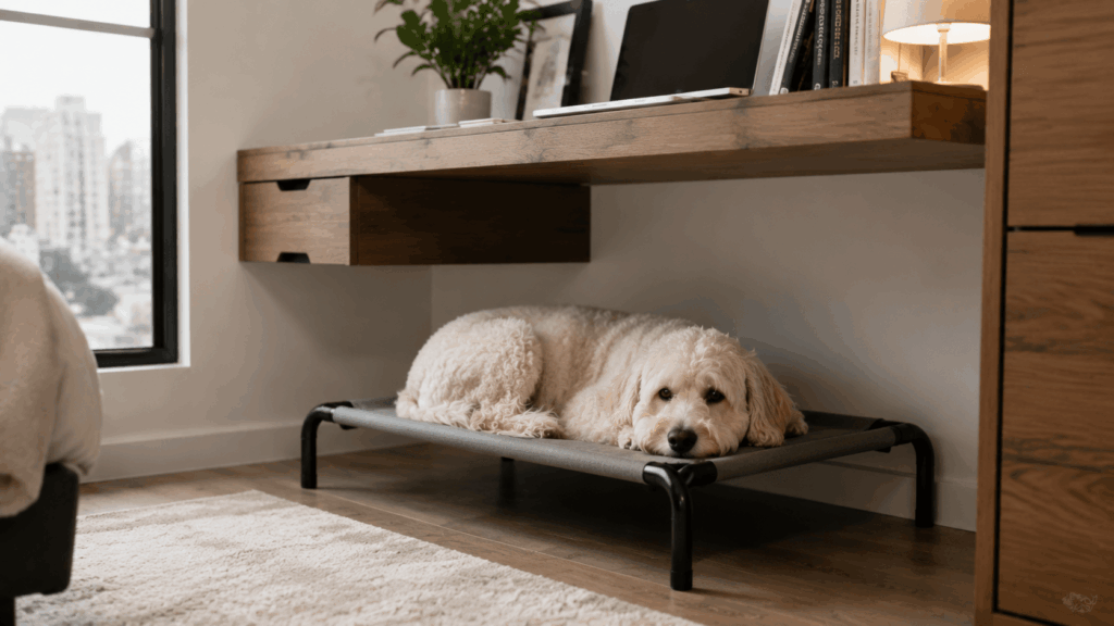 A fluffy white Poodle mix resting in a space-saving bed under a desk, illustrating how best apartment dogs fit into small studio layouts.