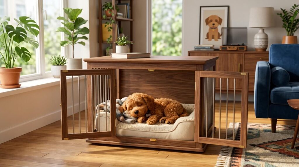 A puppy sleeping comfortably in an apartment crate setup as recommended in our first time dog owner apartment guide