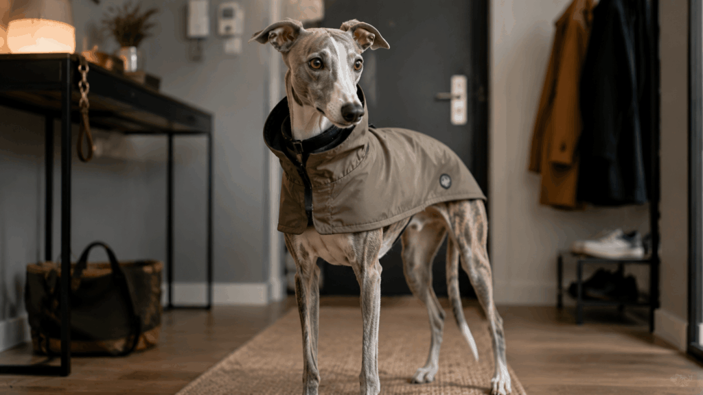 An active Whippet wearing a raincoat in a modern apartment hallway, highlighting one of the best apartment dogs for urban living.