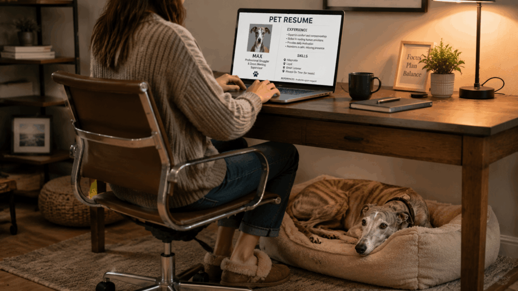 A dog owner preparing a pet resume on a laptop with a Greyhound nearby, a key step for renters with the best apartment dogs.