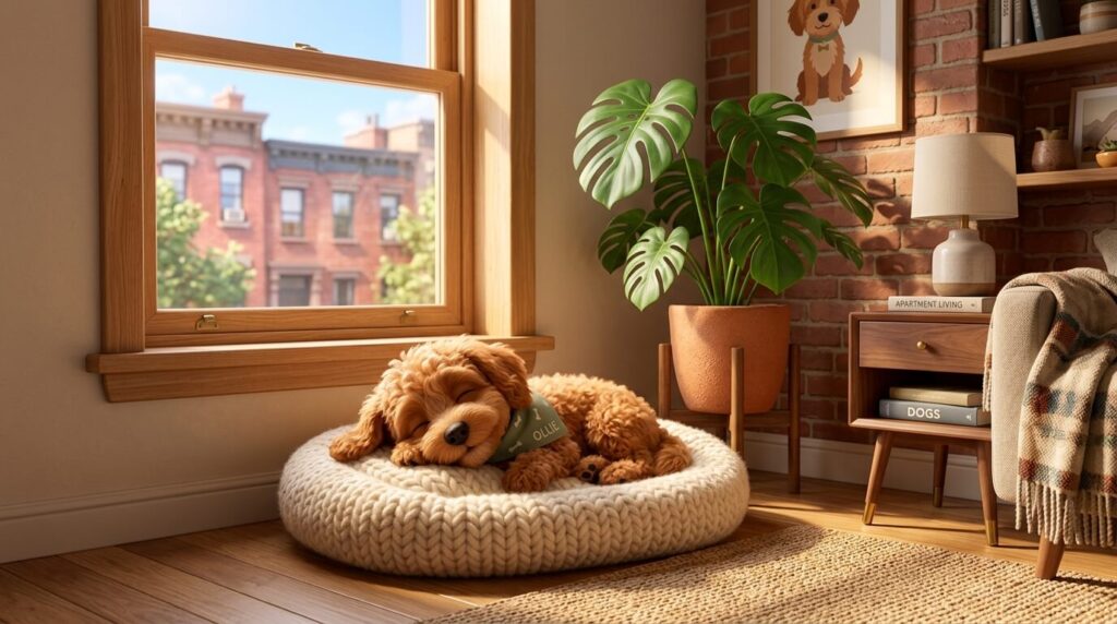 A Cavapoo puppy sleeping in a cozy apartment corner demonstrating how much space does a dog need