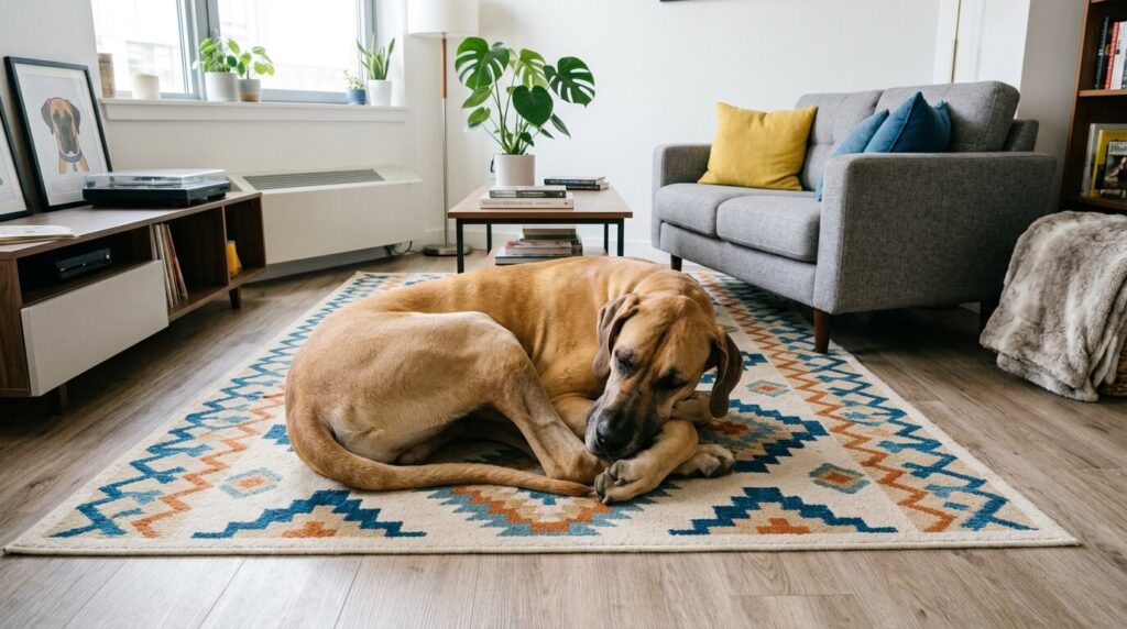 A large Great Dane curled up on an apartment rug answering the question of how much space does a dog need