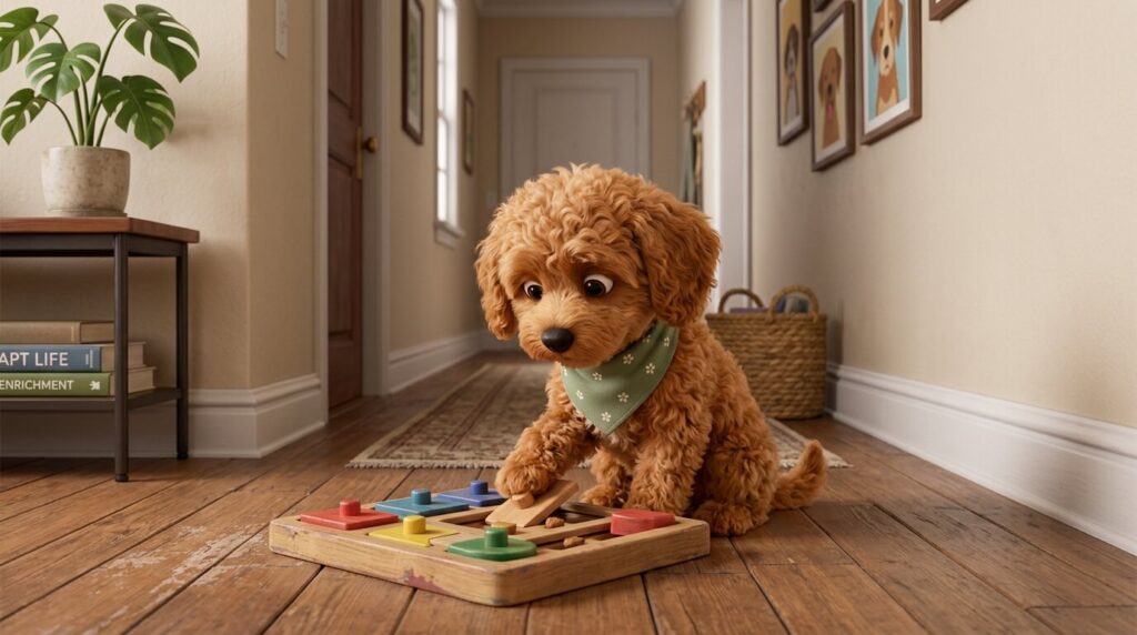 A Cavapoo puppy playing with a puzzle toy indoors to show mental stimulation matters more than physical space