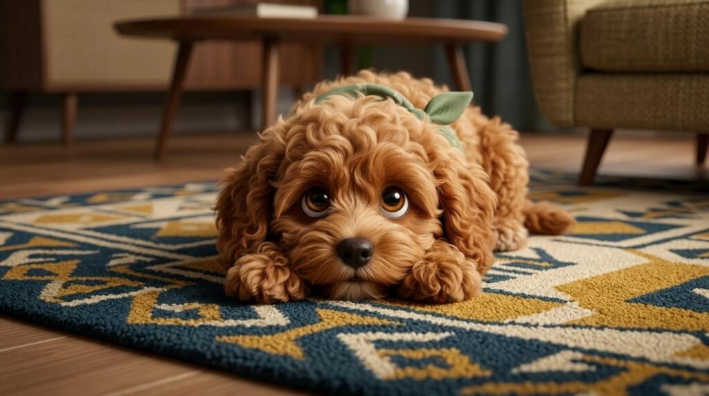A Cavapoo puppy resting chin on paws showing early signs apartment dog is bored。