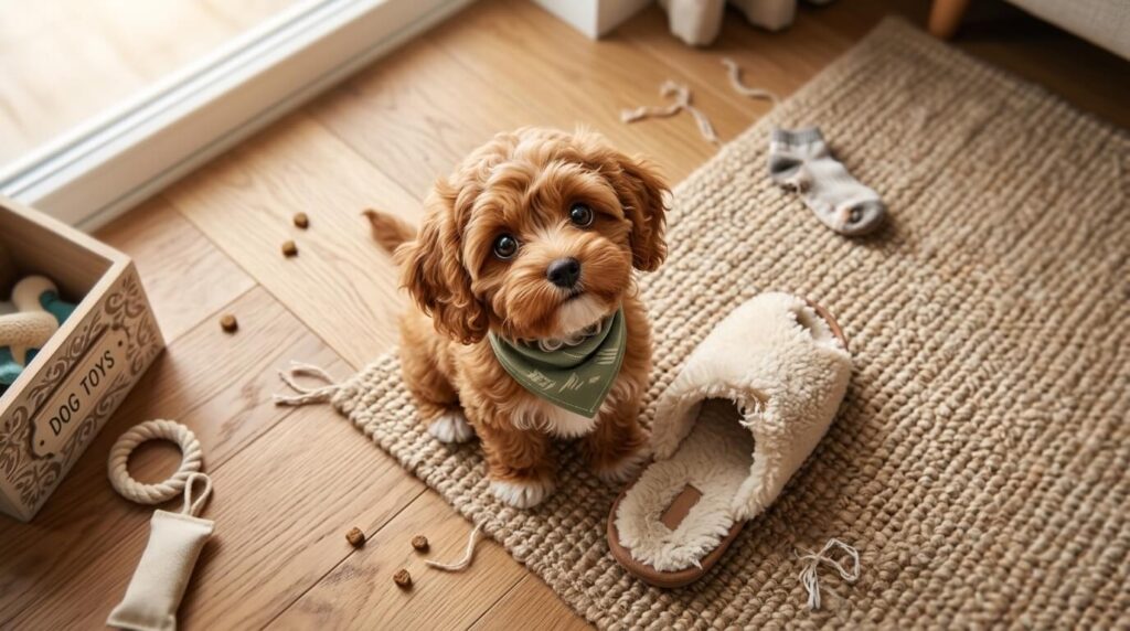 A chewed slipper on the floor which is one of the classic signs apartment dog is bored