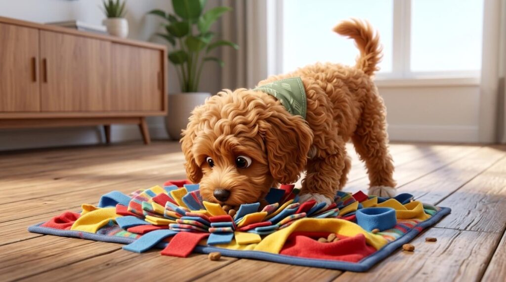 A Cavapoo puppy using a snuffle mat to cure boredom inside a small apartment