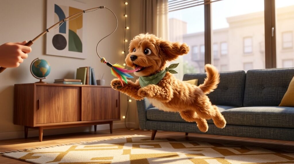 A Cavapoo puppy playing with a flirt pole to exercise dog in small apartment