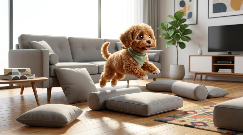 Building a DIY obstacle course using couch cushions to exercise dog in small apartment