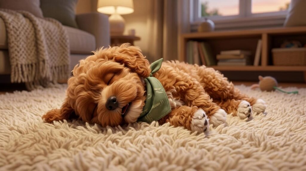 A completely exhausted and happy puppy after you exercise dog in small apartment spaces