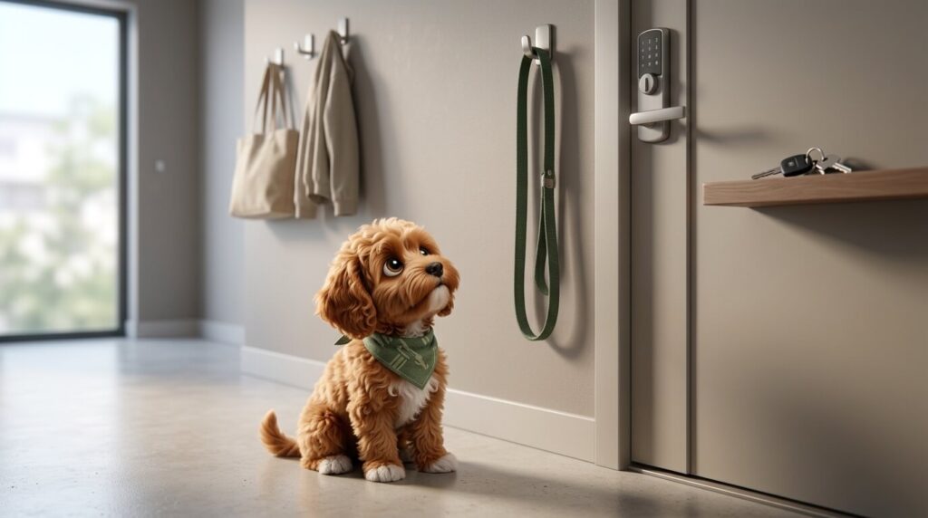 A Cavapoo puppy waiting by the door while the owner wonders should I get a dog in an apartment