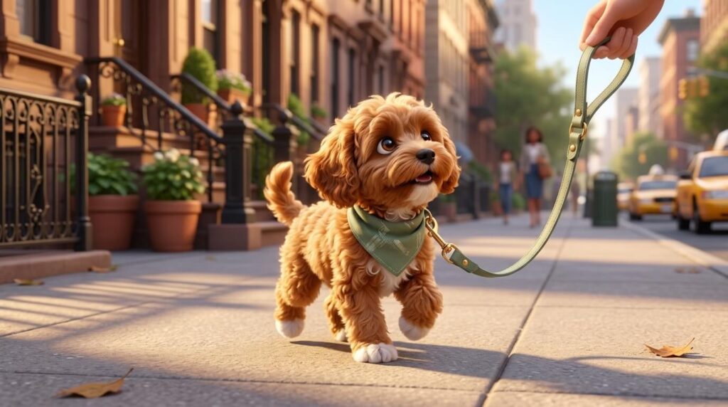 A happy apartment dog walking in the city proving the answer to should I get a dog in an apartment