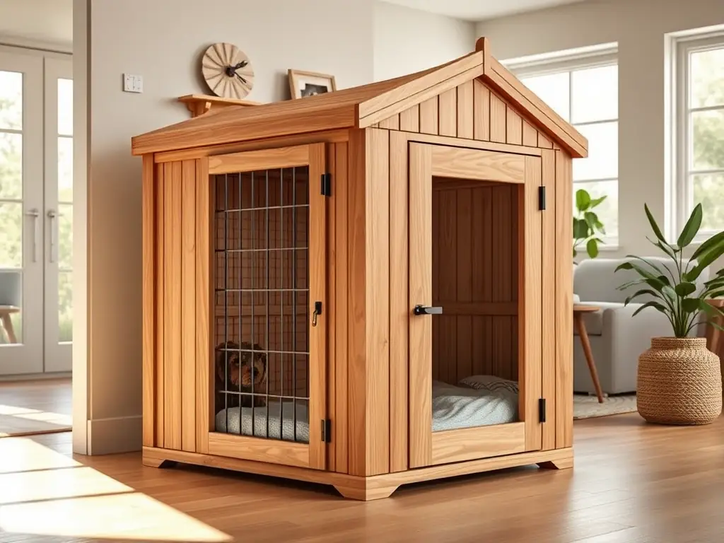 A photograph of a modern, space-efficient dog crate that doubles as a stylish piece of furniture in an apartment living room. The crate should blend seamlessly with the decor.