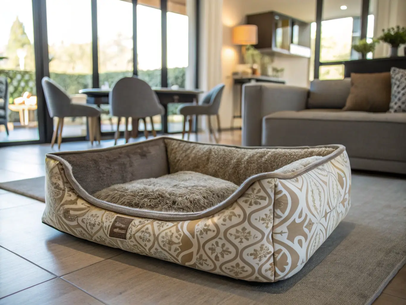 A high-quality photograph showcasing a stylish, space-saving dog bed designed for small apartments, with a happy dog comfortably resting inside. The background should feature a modern apartment setting.