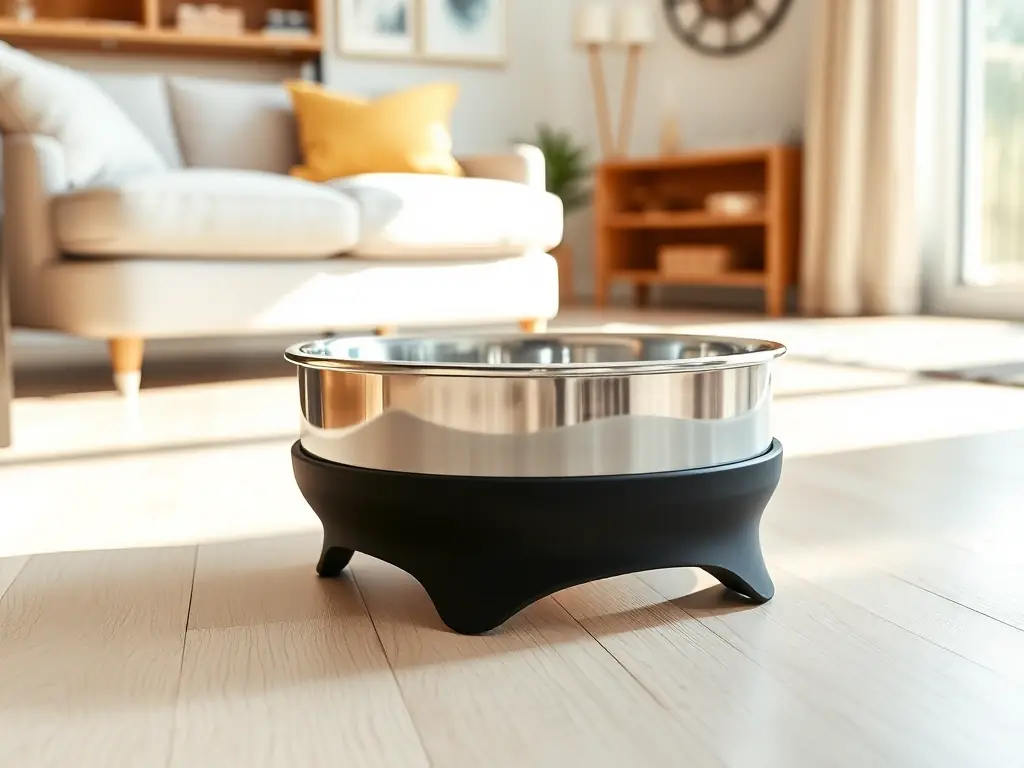 A photograph of a set of collapsible dog bowls, neatly arranged on a kitchen counter in an apartment. The bowls should appear durable and easy to store, emphasizing their space-saving benefits.
