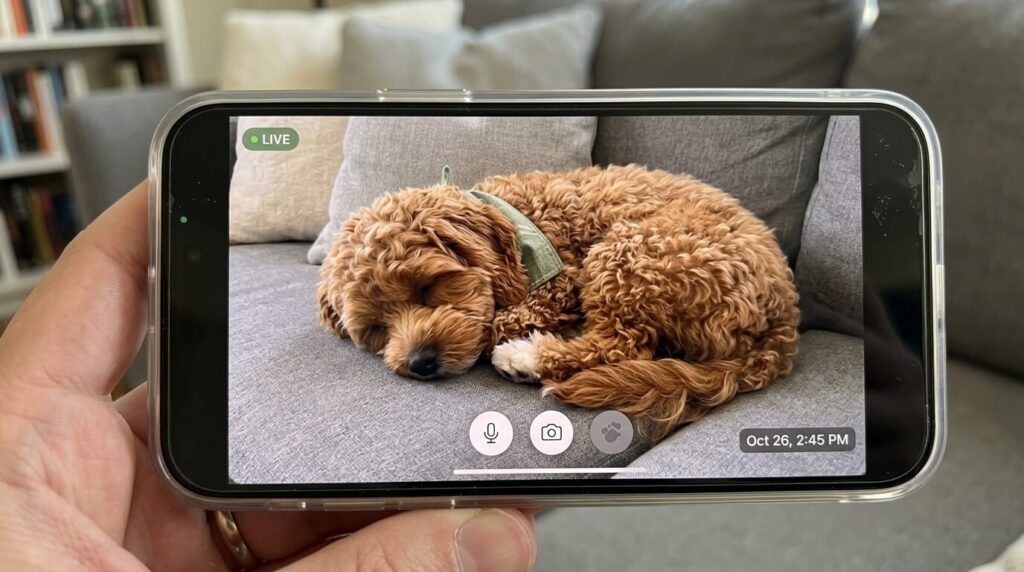 Checking a pet camera to monitor how long can you leave a dog alone in an apartment safely