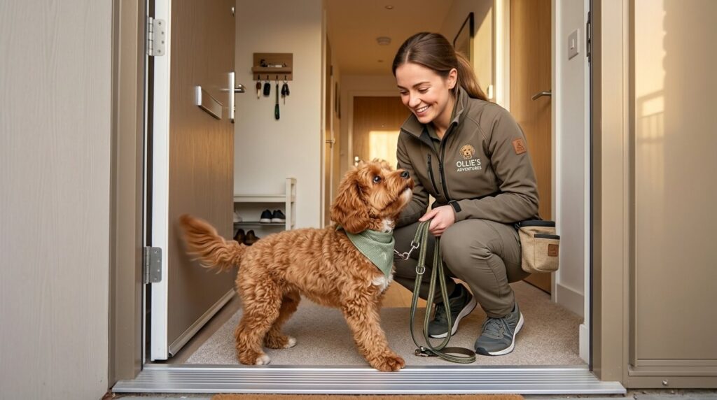 A dog walker arriving midday to solve the problem of how long can you leave a dog alone in an apartment