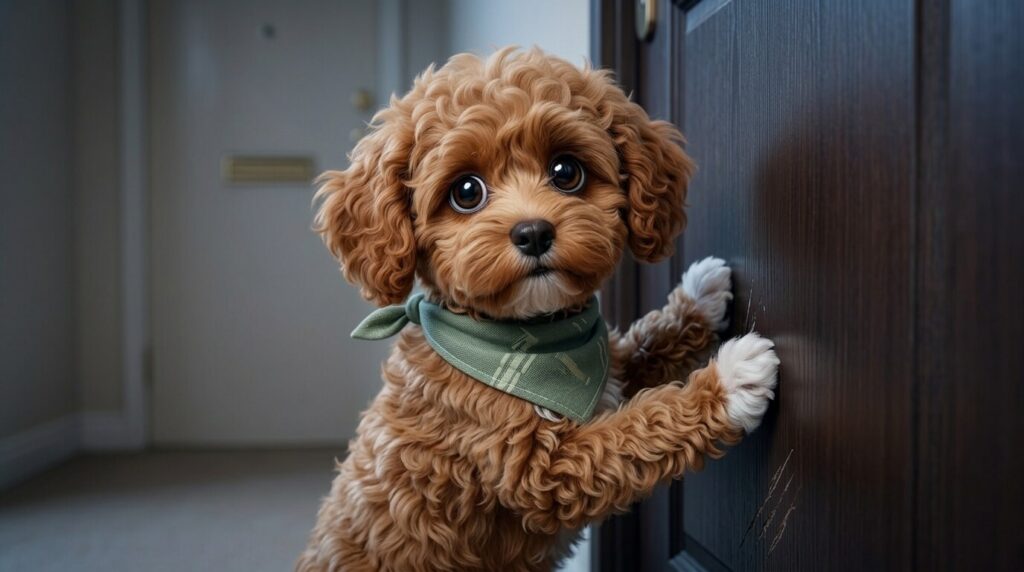 A Cavapoo puppy scratching the front door showing severe signs of dog separation anxiety apartments