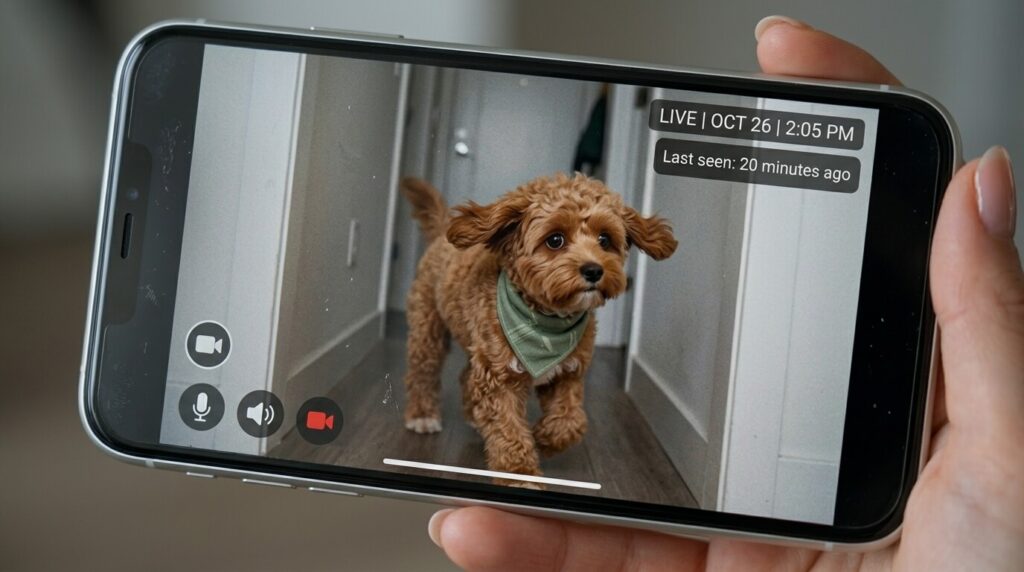Checking a pet camera feed to monitor dog separation anxiety apartments symptoms while at work