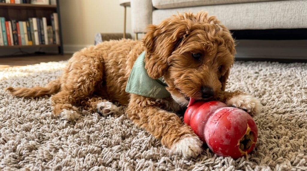 A dog calmly enjoying a frozen Kong as a solution for dog separation anxiety apartments