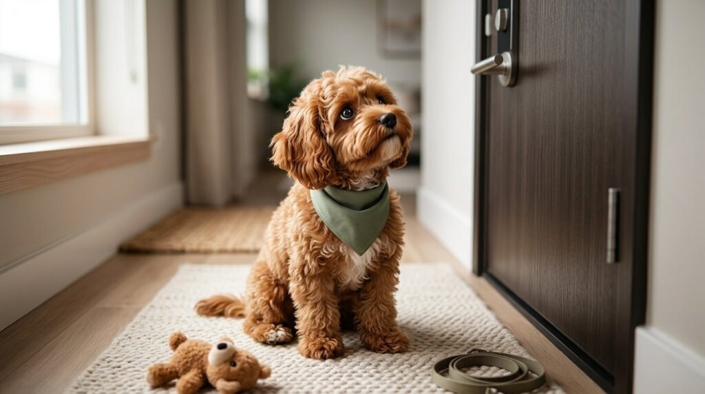 A Cavapoo puppy barking at an apartment door showing the need to stop dog barking in apartment