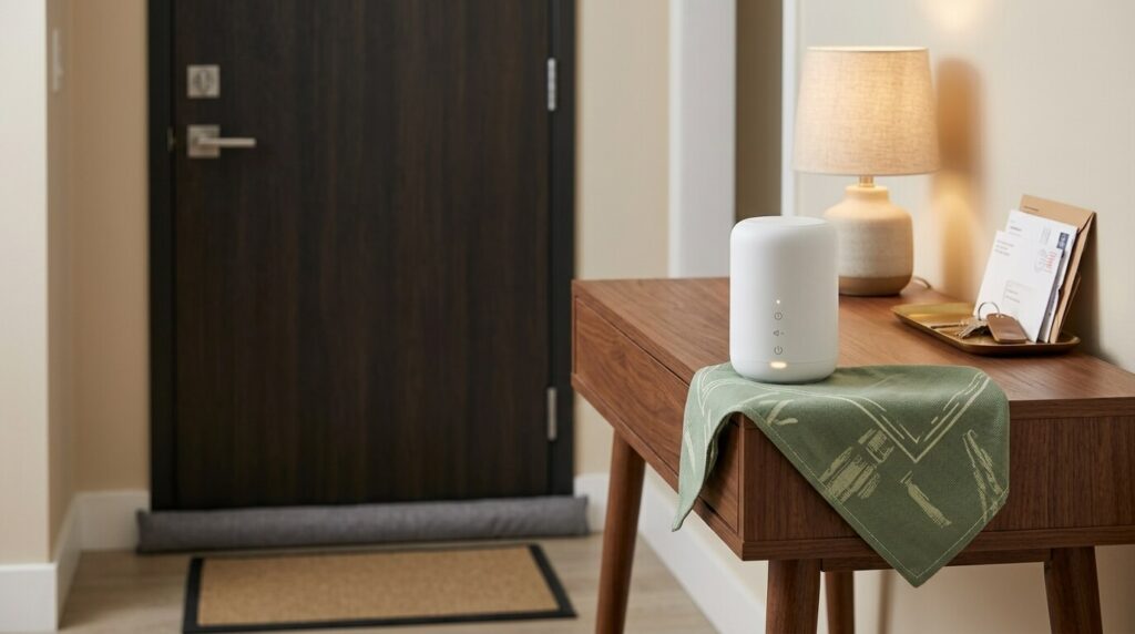 Using a white noise machine by the door to stop dog barking in apartment hallways
