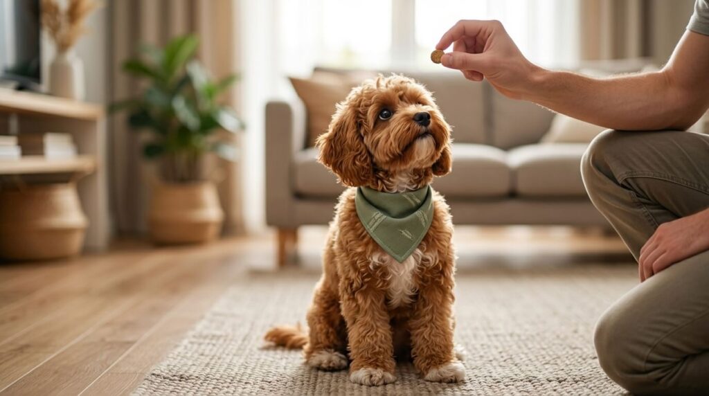 A well-trained, quiet dog sitting calmly after owners successfully stop dog barking in apartment
