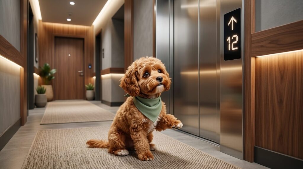 A Cavapoo puppy waiting for the elevator illustrating the challenge of how to potty train a dog in an apartment