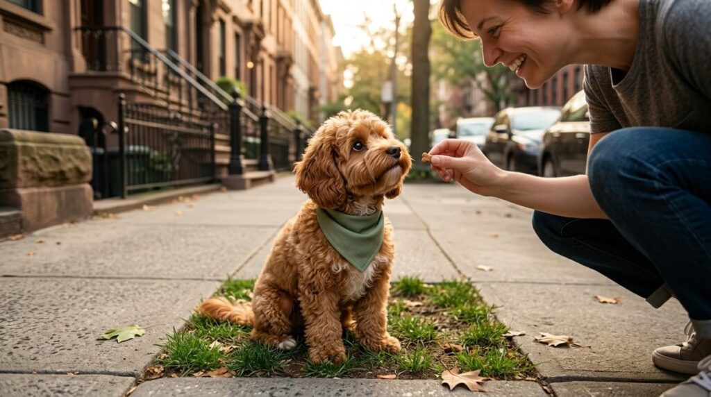Giving a dog a treat outside after successfully mastering how to potty train a dog in an apartment
