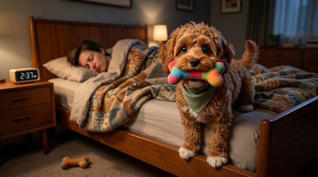 A wide awake Cavapoo puppy holding a toy showing the need to tire out dog before bed