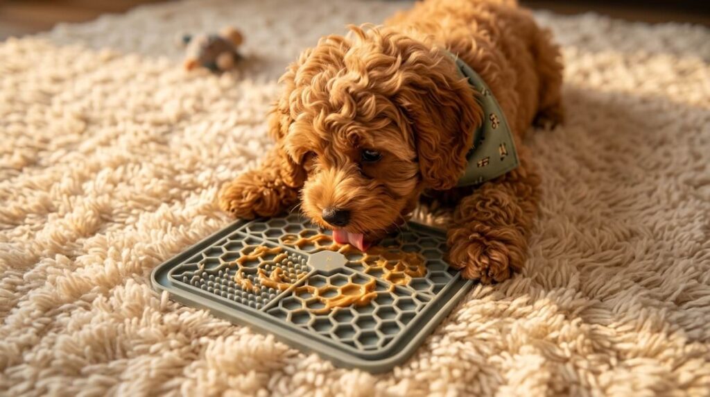 Using a frozen silicone lick mat to naturally tire out dog before bed