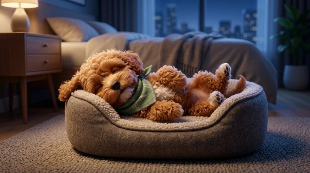 A completely exhausted and happily sleeping puppy after owners successfully tire out dog before bed