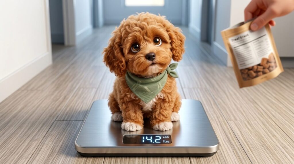 A Cavapoo puppy sitting on a scale while the owner wonders is my dog overweight