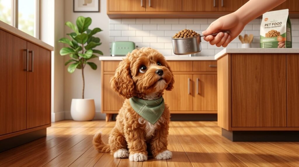 A Cavapoo puppy waiting for a measured meal showing the best diet for apartment dogs