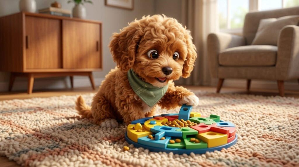 Feeding meals through a puzzle toy to slow down eating as part of the best diet for apartment dogs