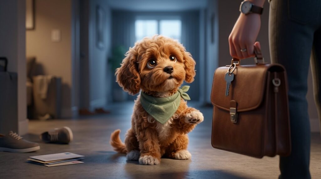 A Cavapoo puppy looking sad as owner leaves showing the need to keep dog entertained while at work
