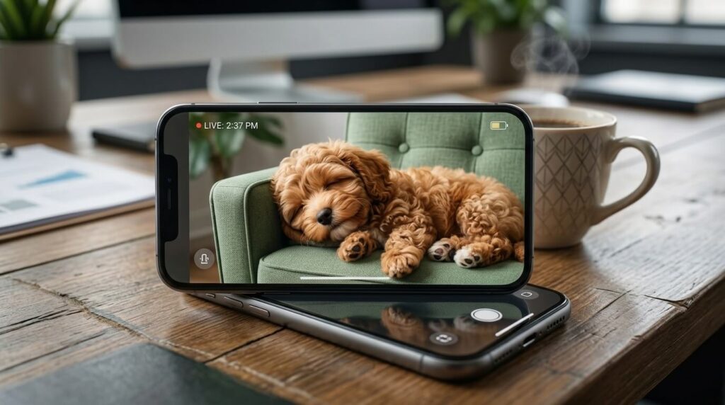 Checking a pet camera to make sure you successfully keep dog entertained while at work