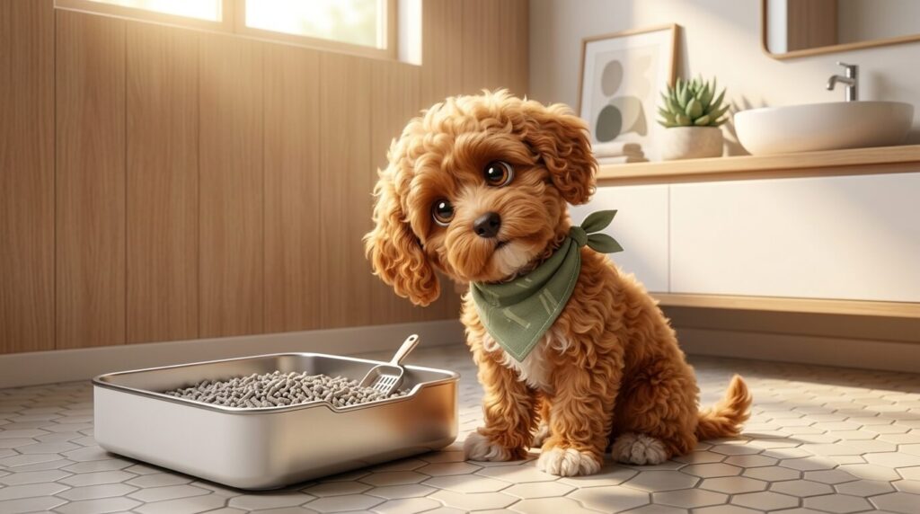 A Cavapoo puppy looking curiously at a modern litter box for dogs in an apartment