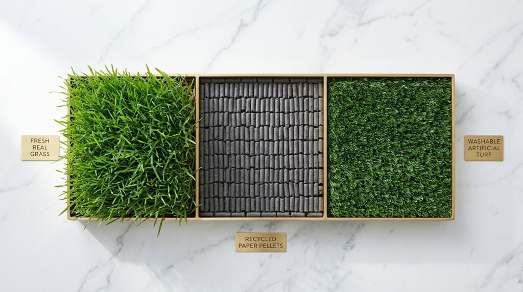 Comparing real grass, paper pellets, and synthetic turf to use in a litter box for dogs