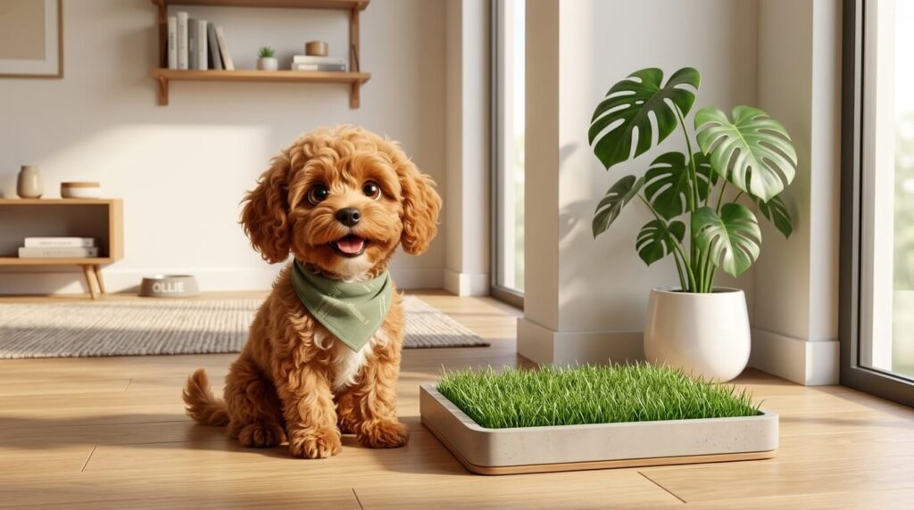 A well-trained apartment puppy sitting proudly next to an indoor litter box for dogs

