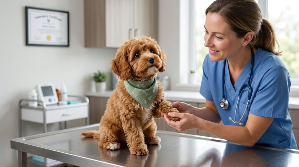 A Cavapoo puppy getting examined by a veterinarian showing the importance of indoor dog vet visits