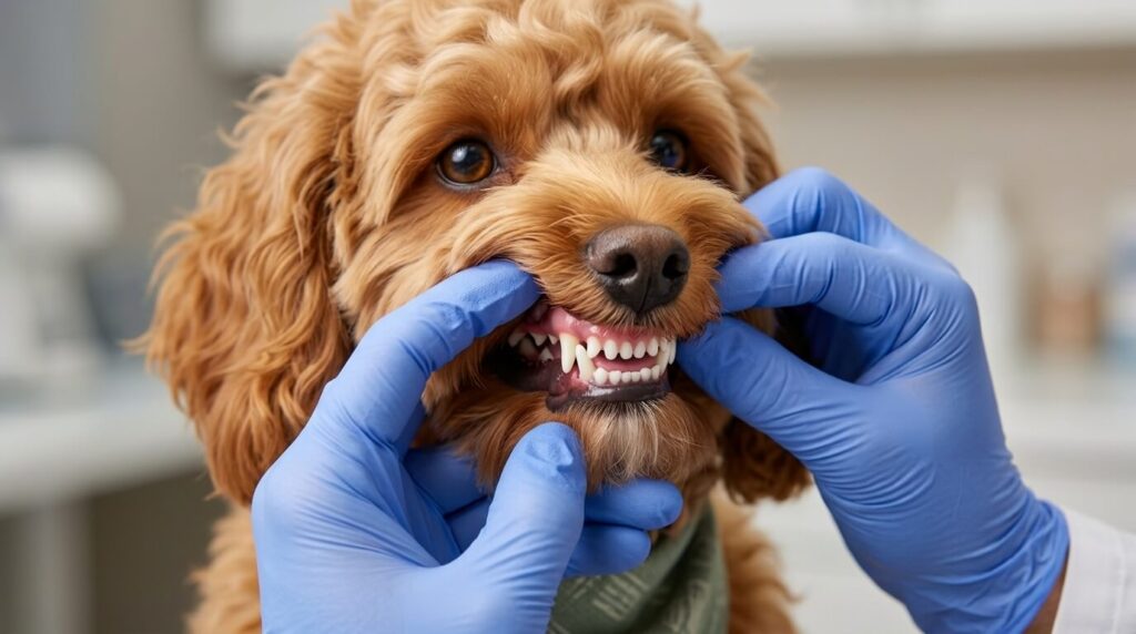 A vet checking a dog's teeth during routine indoor dog vet visits