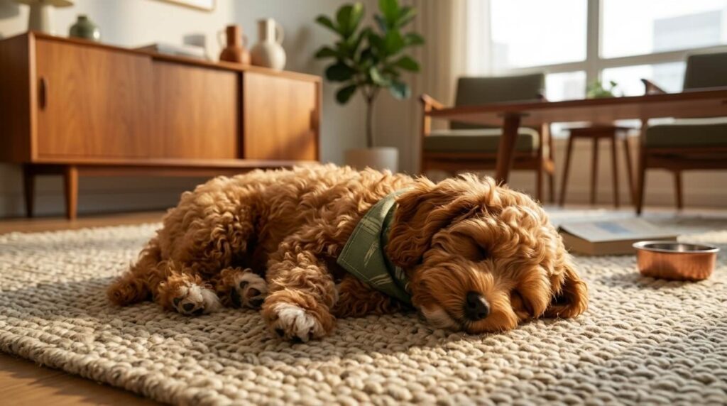 A healthy, happy apartment dog sleeping in the sun after keeping up with regular indoor dog vet visits