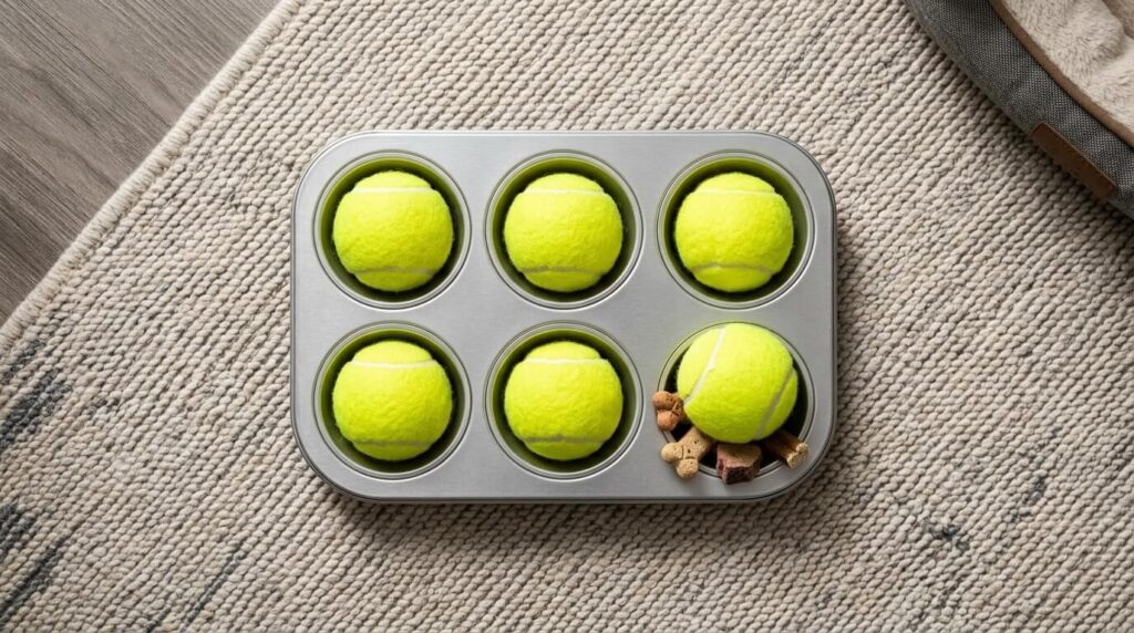 A muffin tin and tennis ball puzzle toy representing cheap diy dog enrichment ideas