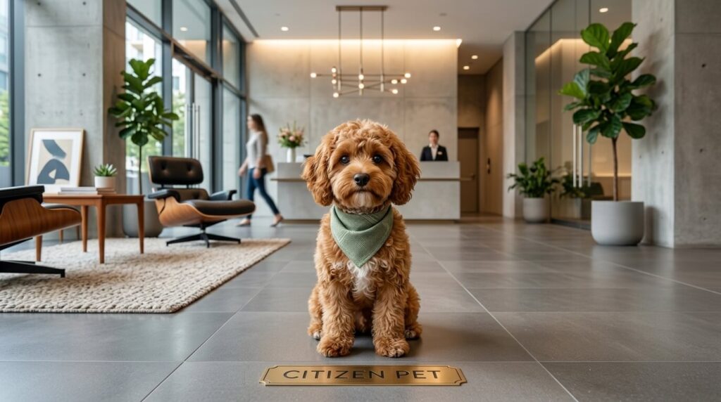 A polite apartment dog in a building lobby proving they are a good tenant